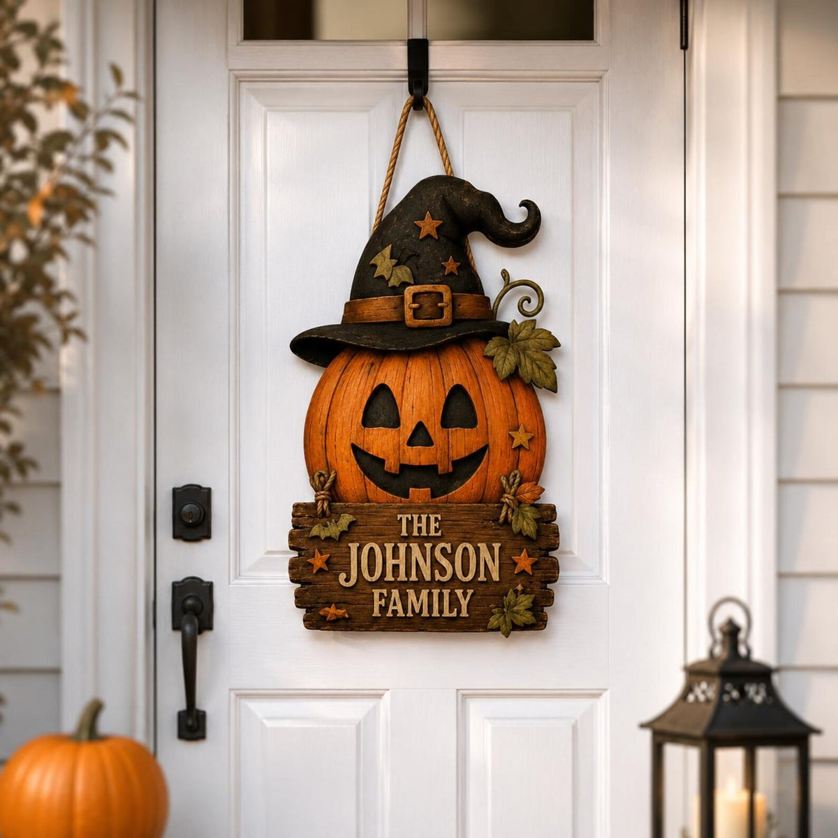 Personalized Halloween Pumpkin Door Hanger, Custom Family Name Wooden Sign, Witch Hat Jack O Lantern Door Decor, Rustic Fall Porch Decor
