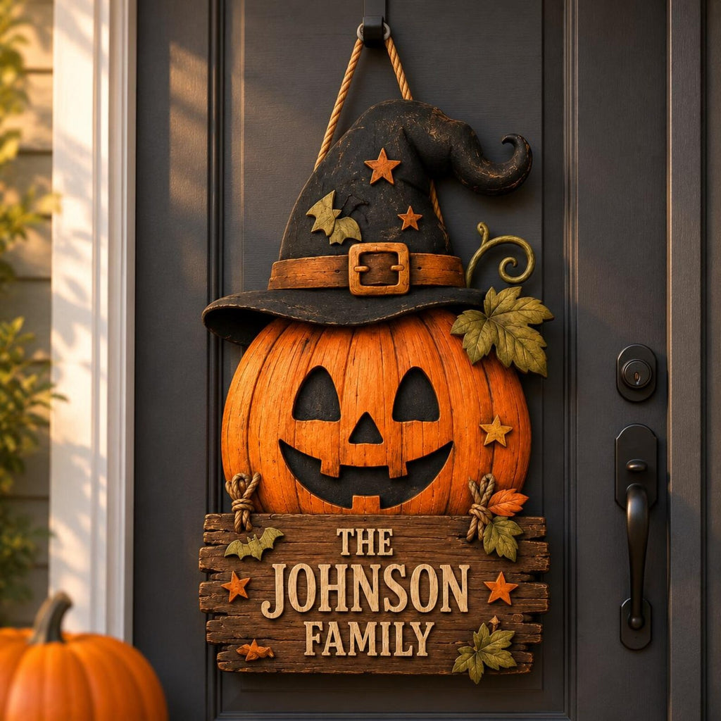 Personalized Halloween Pumpkin Door Hanger, Custom Family Name Wooden Sign, Witch Hat Jack O Lantern Door Decor, Rustic Fall Porch Decor