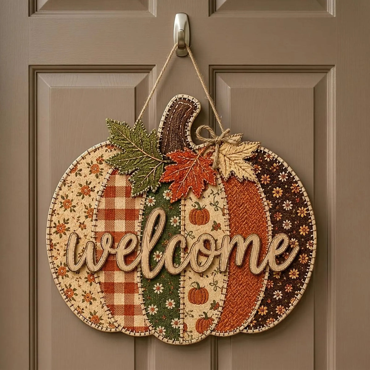 Patchwork Pumpkin Door Hanger, Personalized Fall Welcome Sign, Rustic Autumn Porch Decor, Wooden Pumpkin Front Door Decoration