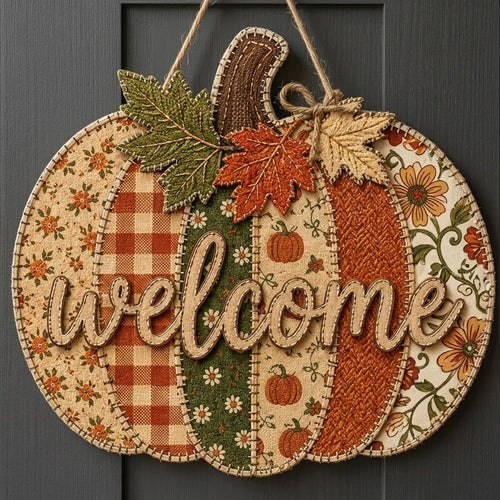 Patchwork Pumpkin Door Hanger, Personalized Fall Welcome Sign, Rustic Autumn Porch Decor, Wooden Pumpkin Front Door Decoration