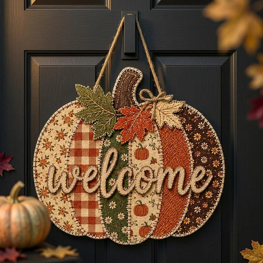 Patchwork Pumpkin Door Hanger, Personalized Fall Welcome Sign, Rustic Autumn Porch Decor, Wooden Pumpkin Front Door Decoration