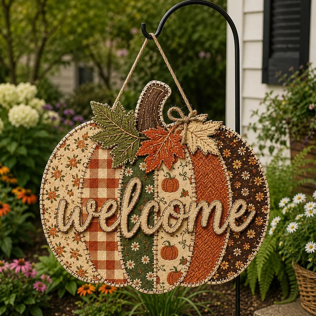 Patchwork Pumpkin Door Hanger, Personalized Fall Welcome Sign, Rustic Autumn Porch Decor, Wooden Pumpkin Front Door Decoration