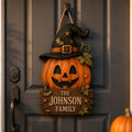 Personalized Halloween Pumpkin Door Hanger, Custom Family Name Wooden Sign, Witch Hat Jack O Lantern Door Decor, Rustic Fall Porch Decor