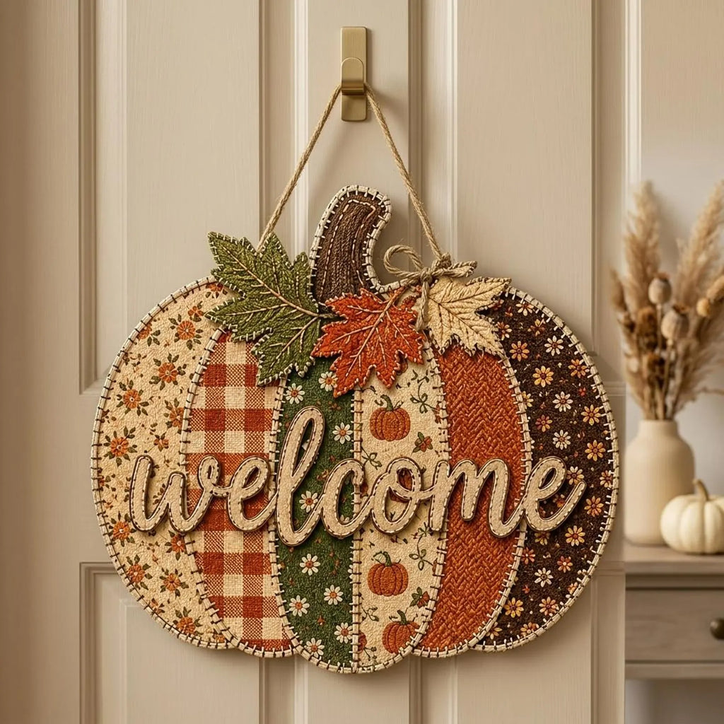Patchwork Pumpkin Door Hanger, Personalized Fall Welcome Sign, Rustic Autumn Porch Decor, Wooden Pumpkin Front Door Decoration