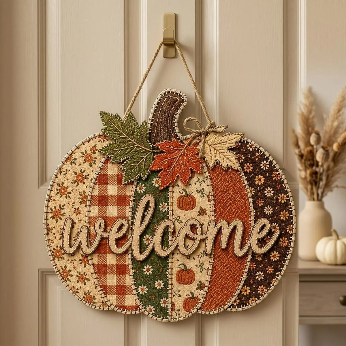 Patchwork Pumpkin Door Hanger, Personalized Fall Welcome Sign, Rustic Autumn Porch Decor, Wooden Pumpkin Front Door Decoration