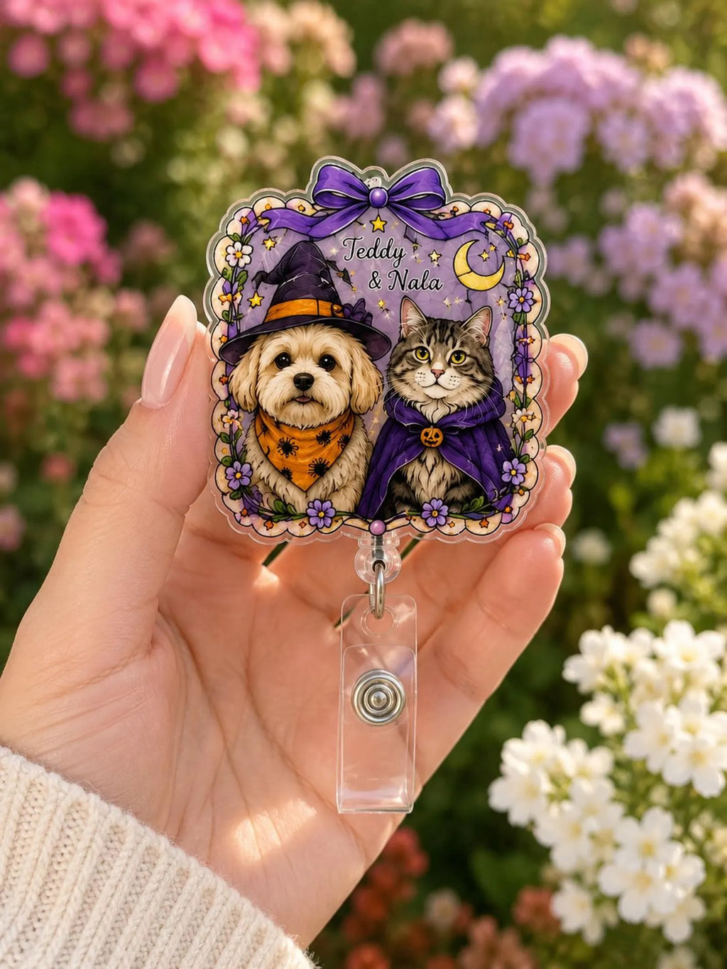 Personalized Halloween Pet Badge Reel, Custom Dog Cat Acrylic Badge Holder, Halloween Nurse Badge Reel, Cute Pet ID Clip Gift