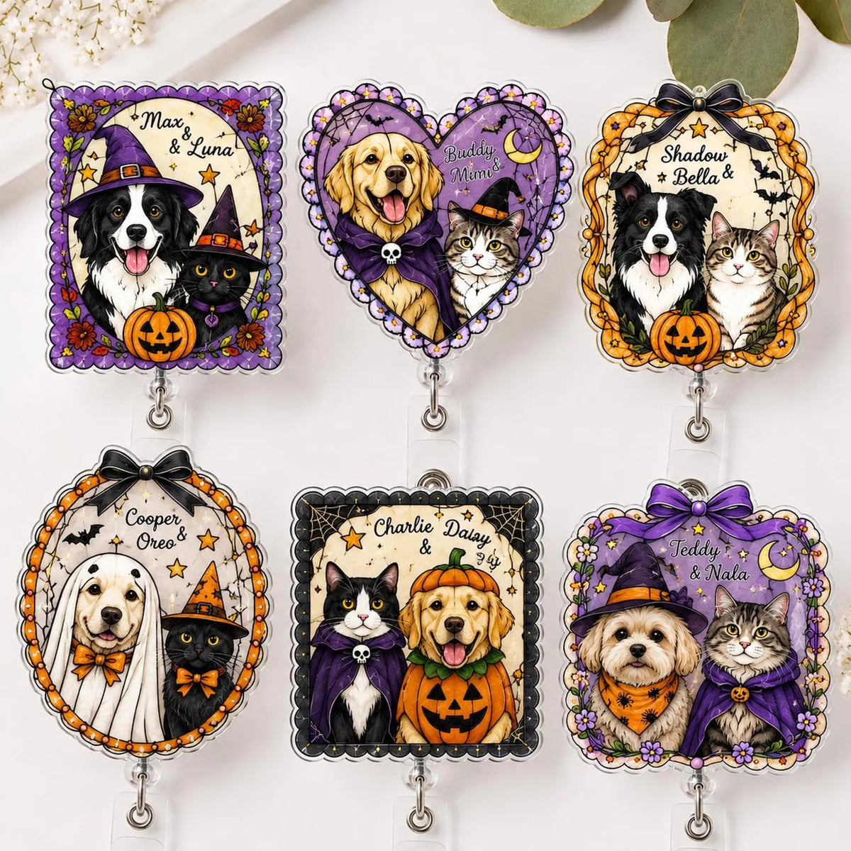 Personalized Halloween Pet Badge Reel, Custom Dog Cat Acrylic Badge Holder, Halloween Nurse Badge Reel, Cute Pet ID Clip Gift