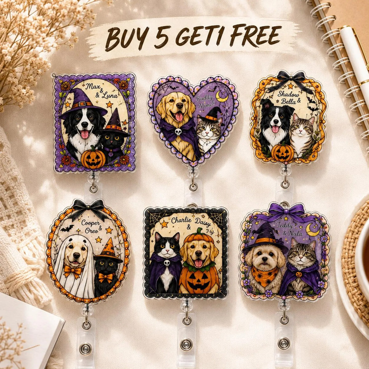 Personalized Halloween Pet Badge Reel, Custom Dog Cat Acrylic Badge Holder, Halloween Nurse Badge Reel, Cute Pet ID Clip Gift