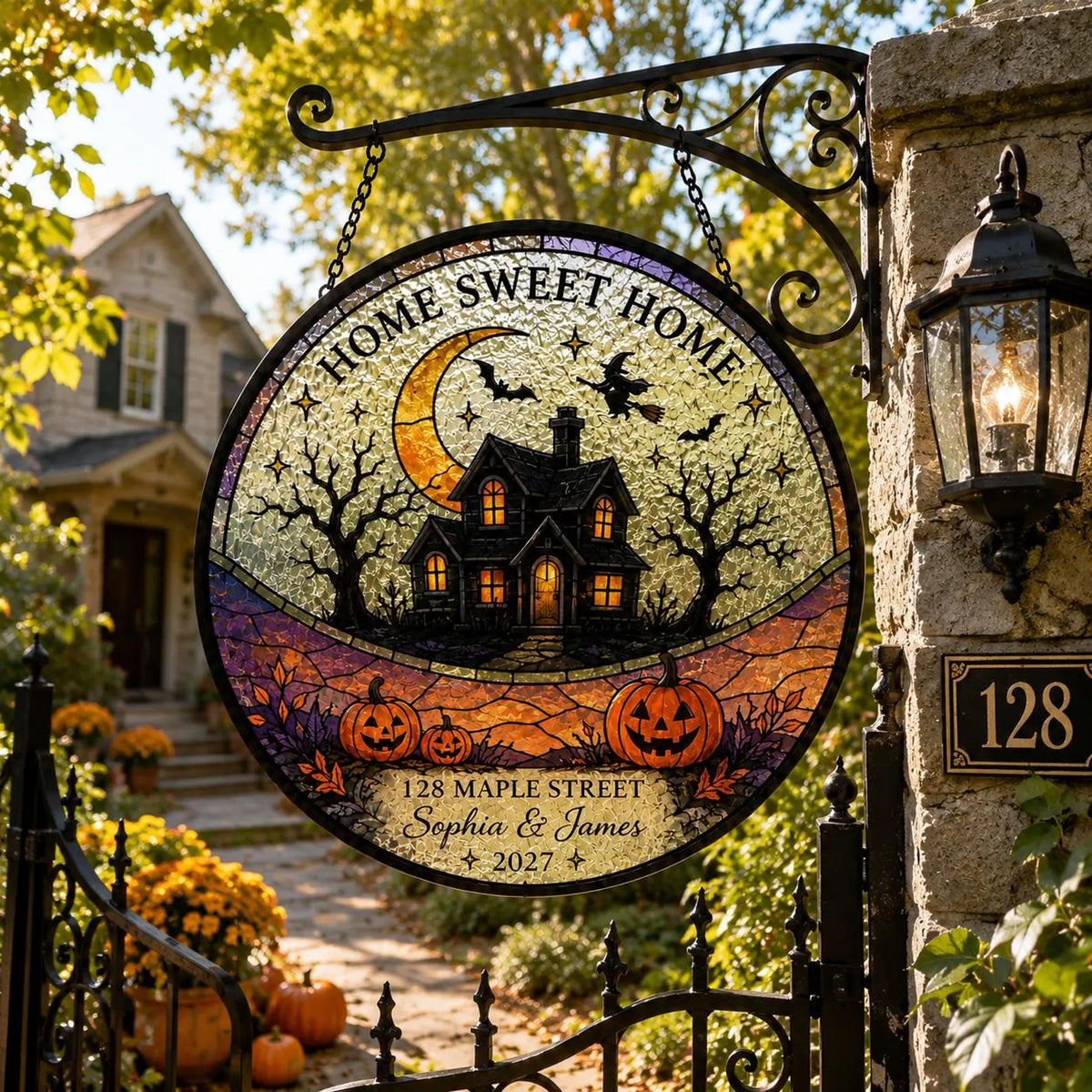 Personalized Halloween Stained Glass Suncatcher, Custom Haunted House Window Hanging, Home Sweet Home Decor, Family Gift, Home Sweet Home