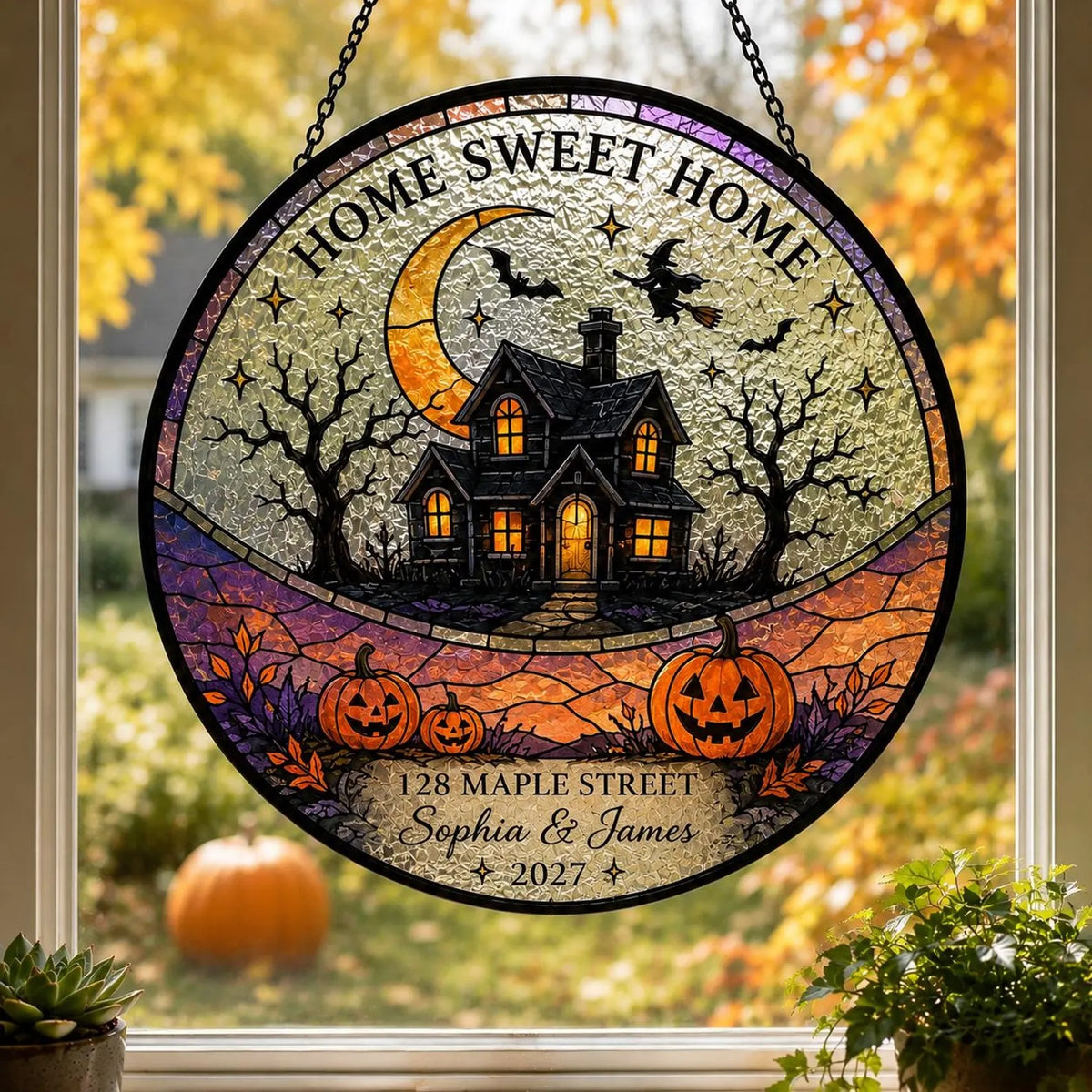 Personalized Halloween Stained Glass Suncatcher, Custom Haunted House Window Hanging, Home Sweet Home Decor, Family Gift, Home Sweet Home