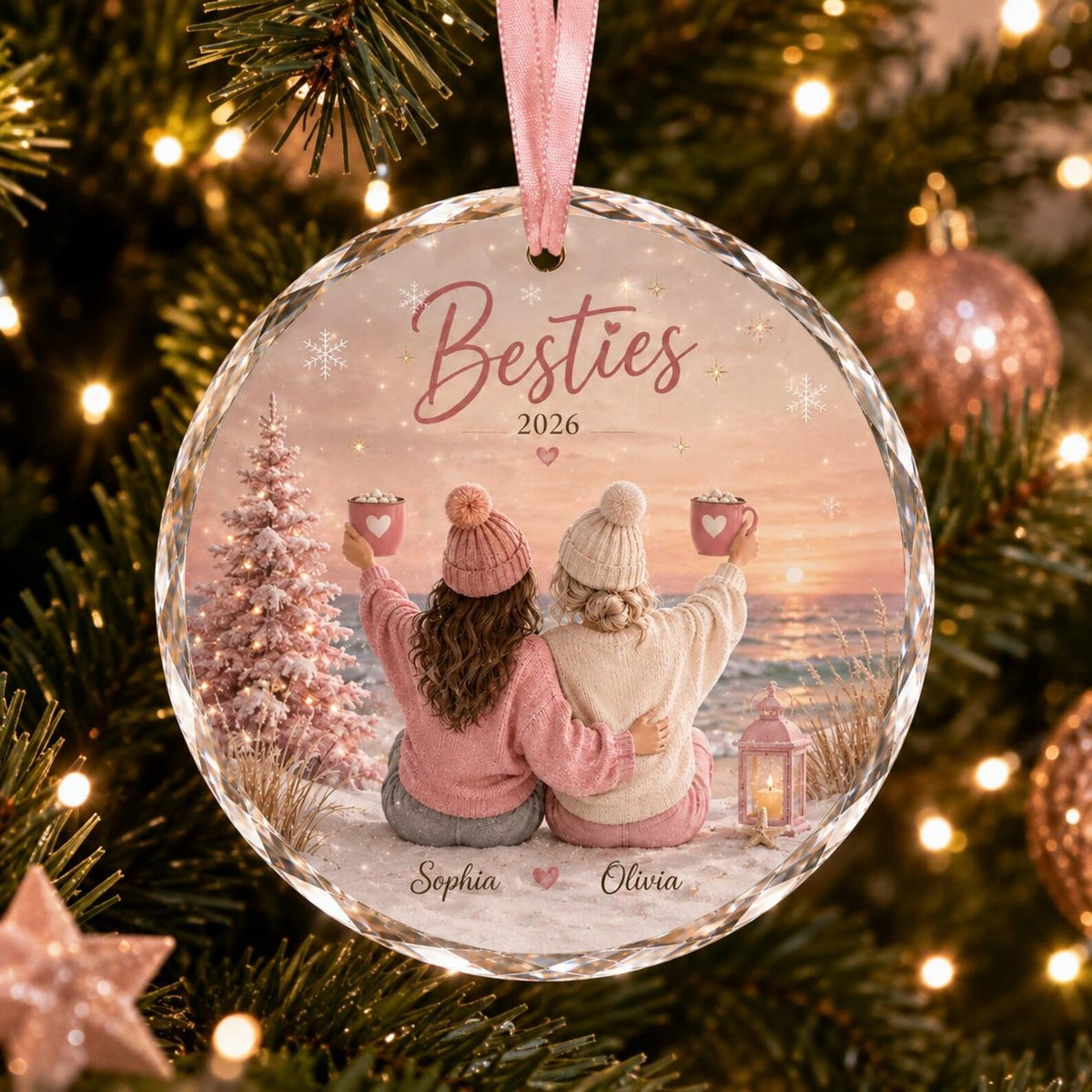 Personalized Best Friends Christmas Ornament 2026, Custom Bestie Names Ornament, Friendship Gift for Her, Pink Winter Keepsake