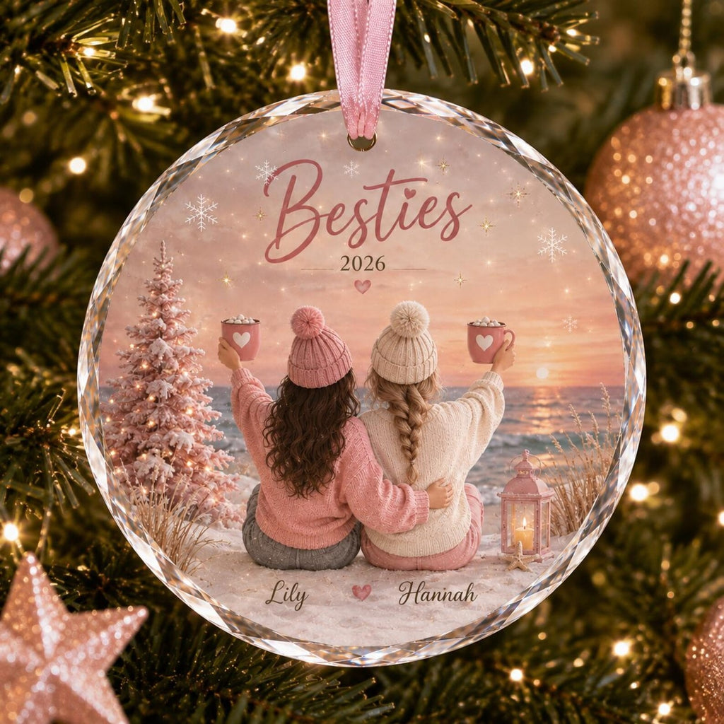 Personalized Best Friends Christmas Ornament 2026, Custom Bestie Names Ornament, Friendship Gift for Her, Pink Winter Keepsake