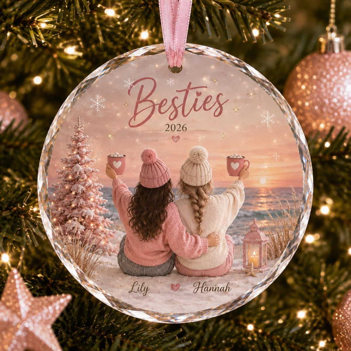Personalized Best Friends Christmas Ornament 2026, Custom Bestie Names Ornament, Friendship Gift for Her, Pink Winter Keepsake