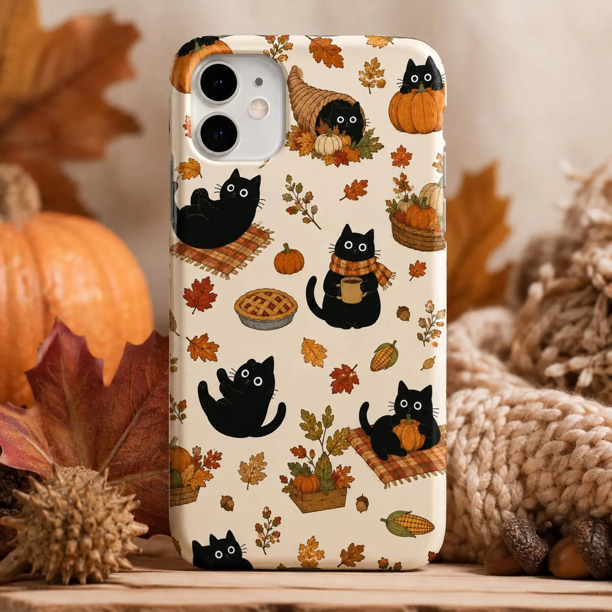 Cute Black Cat Fall Phone Case, Autumn Pumpkin iPhone Case, Cozy Thanksgiving Cat Case, Fall Leaves Cat Lover Gift