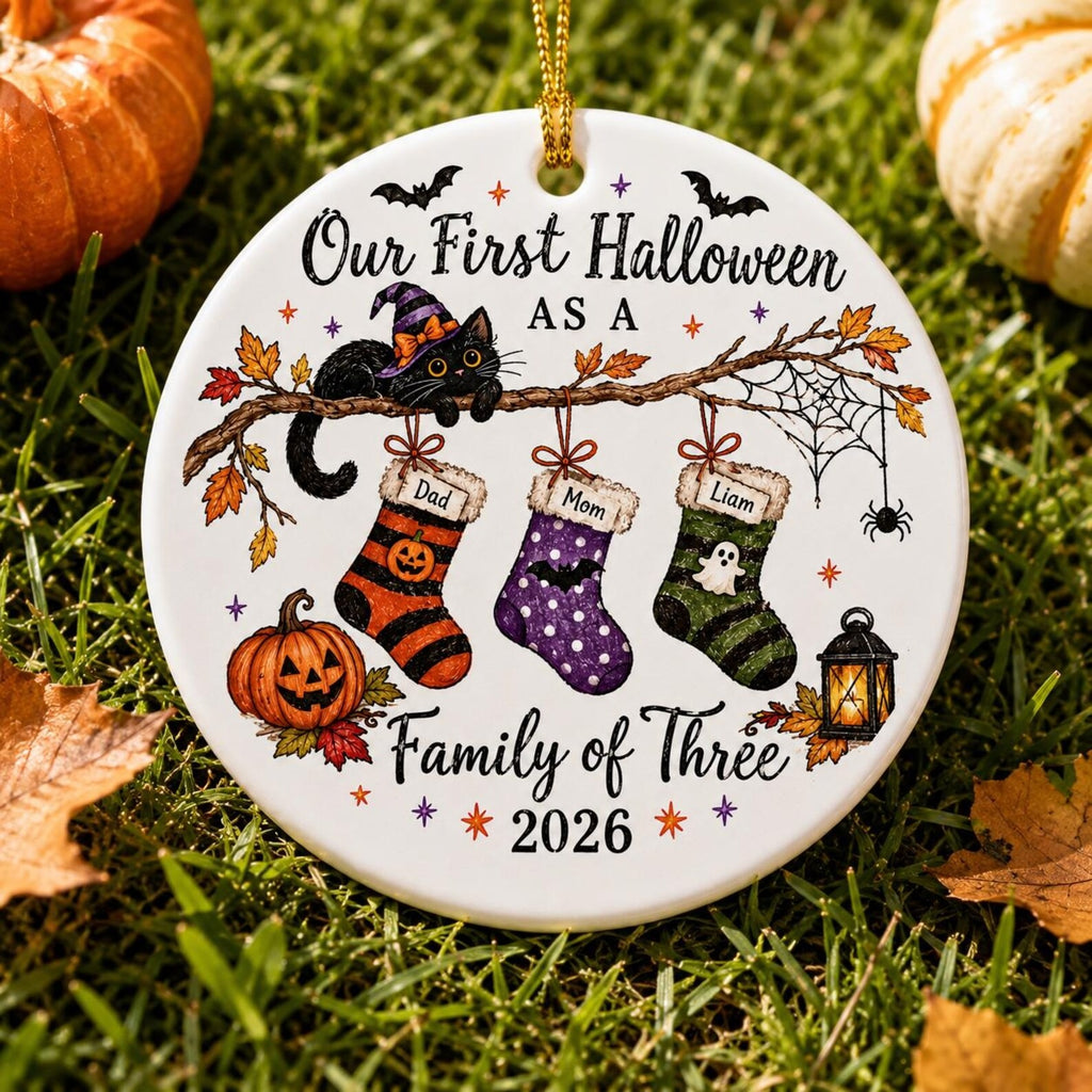Personalized First Halloween Family Ornament, Family of Three Keepsake, Custom Name Halloween Ornament, New Family Gift 2026