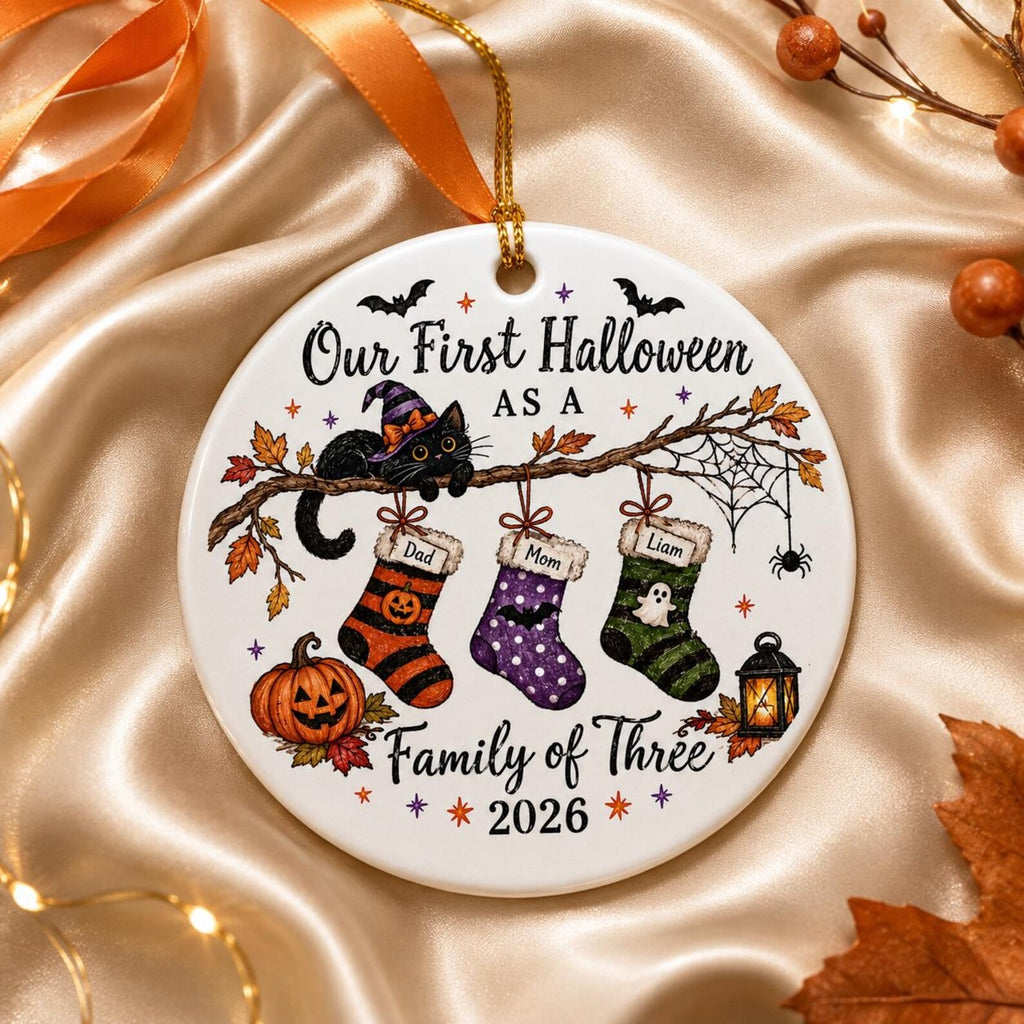 Personalized First Halloween Family Ornament, Family of Three Keepsake, Custom Name Halloween Ornament, New Family Gift 2026