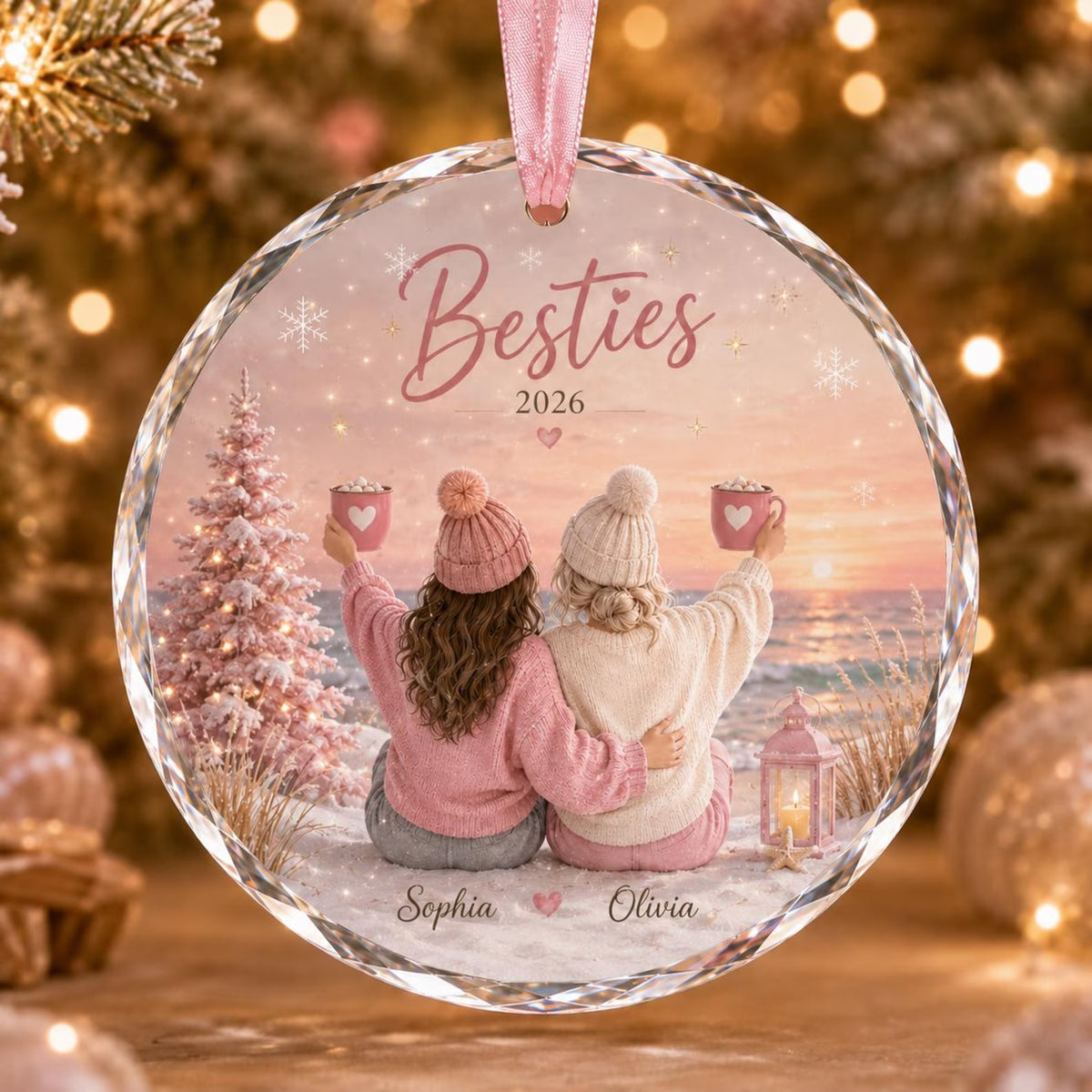 Personalized Best Friends Christmas Ornament 2026, Custom Bestie Names Ornament, Friendship Gift for Her, Pink Winter Keepsake