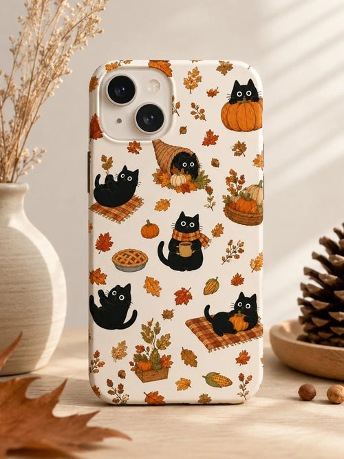 Cute Black Cat Fall Phone Case, Autumn Pumpkin iPhone Case, Cozy Thanksgiving Cat Case, Fall Leaves Cat Lover Gift